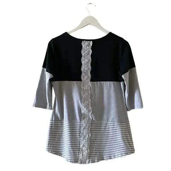 Hount Womens 3/4 Sleeve Back Lace Tops Round Neck Striped T-Shirts SZ M #1180 - Picture 6 of 13